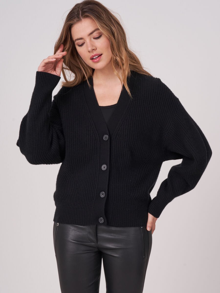 Cashmere blend cardigan with rib knit texture image number 0
