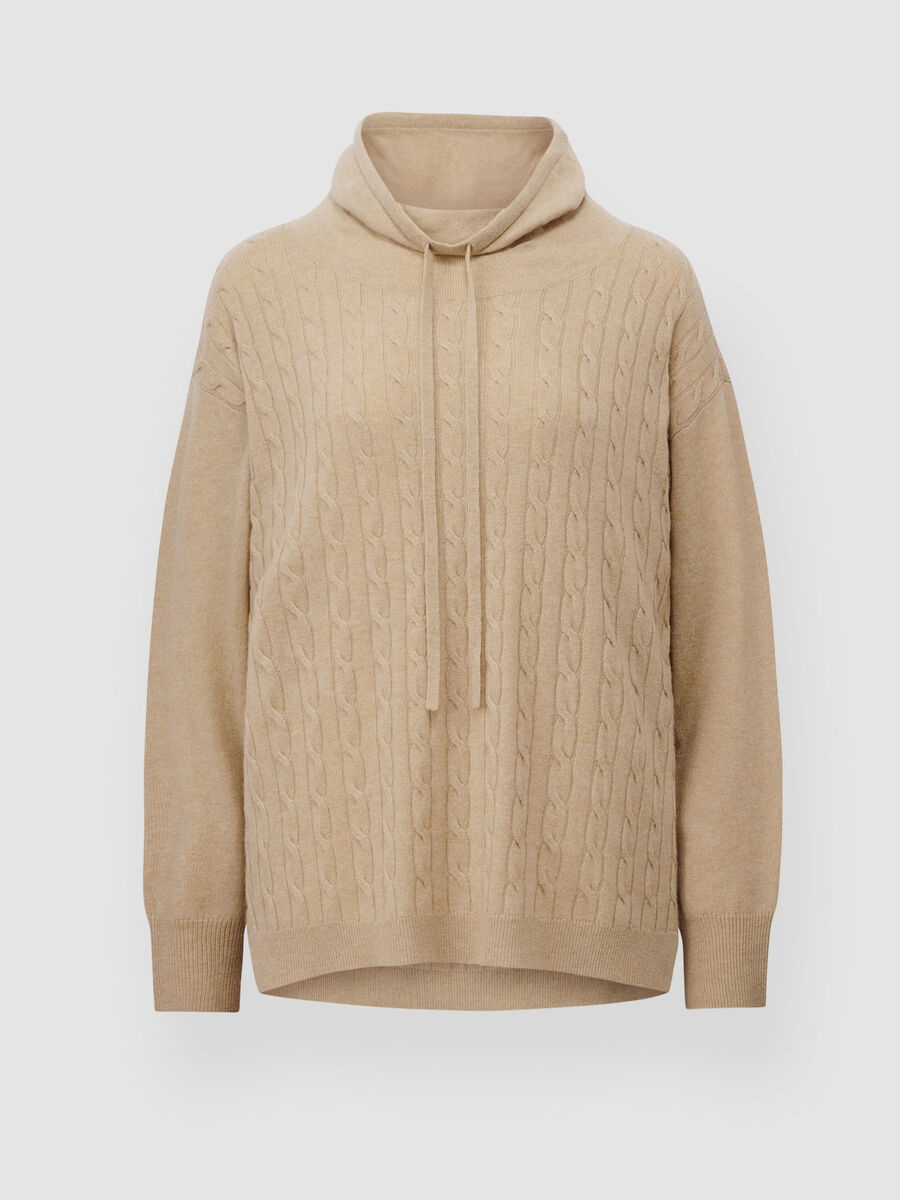 Cable knit sweater with stand-up collar and drawstring image number 1