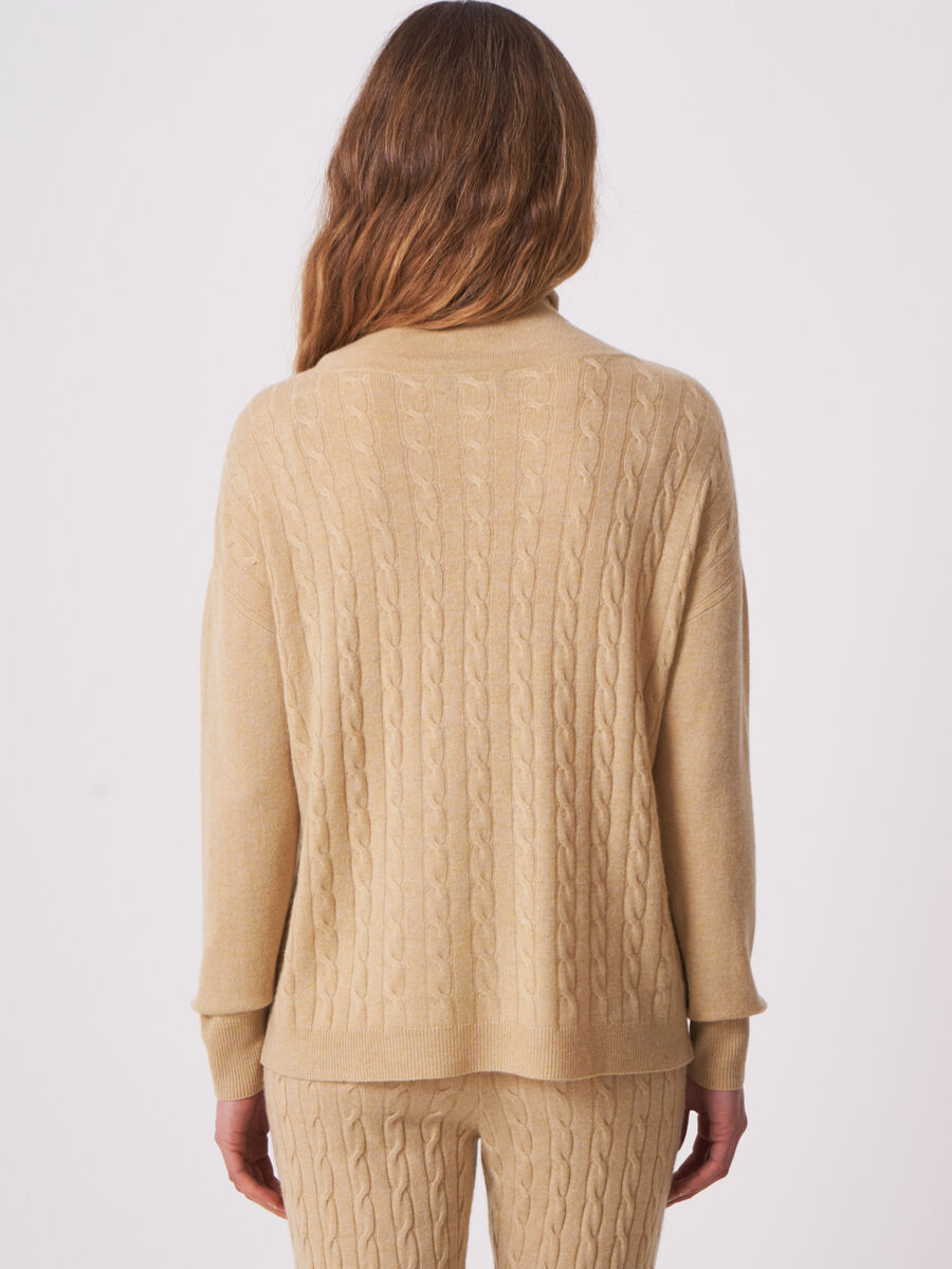 Cable knit sweater with stand-up collar and drawstring image number 3