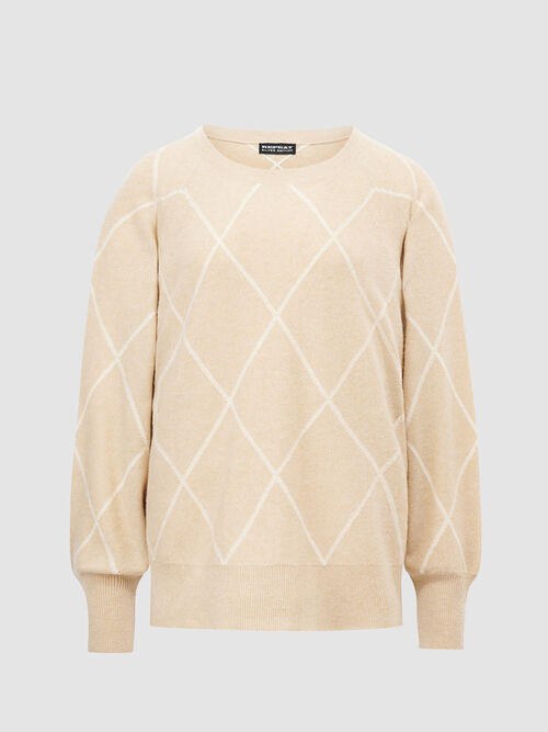 Bi-color boat neck sweater with intarsia pattern