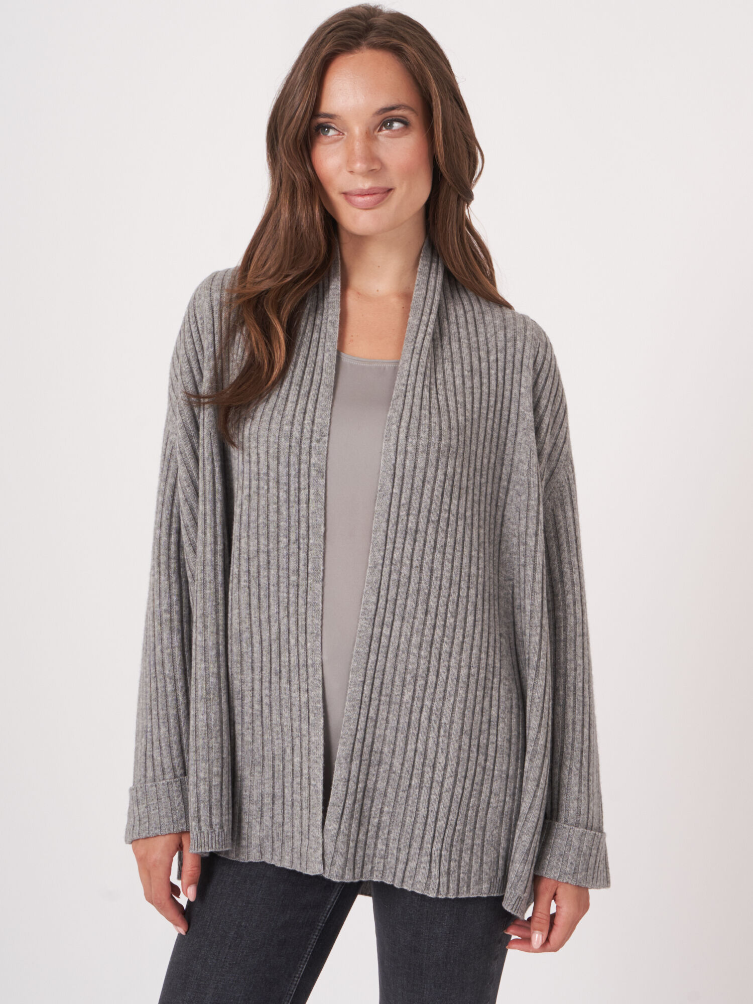 Women's 3/4 sleeve open cardigan with shawl collar | REPEAT cashmere
