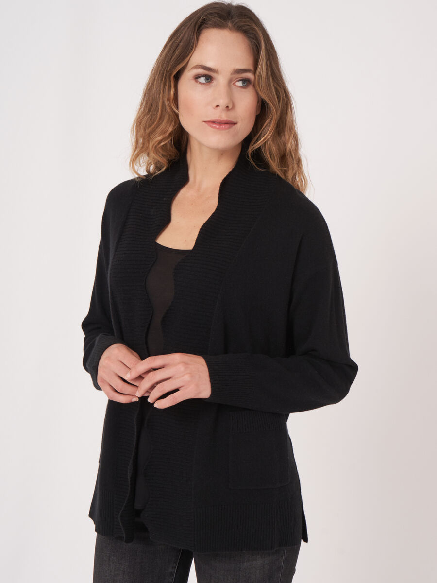Open cardigan with ribbed scalloped shawl collar image number 0