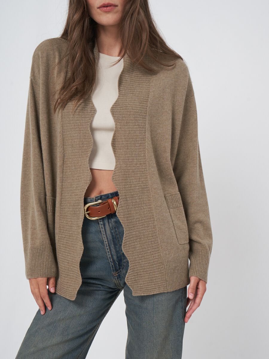 Open cardigan with ribbed scalloped shawl collar image number 1
