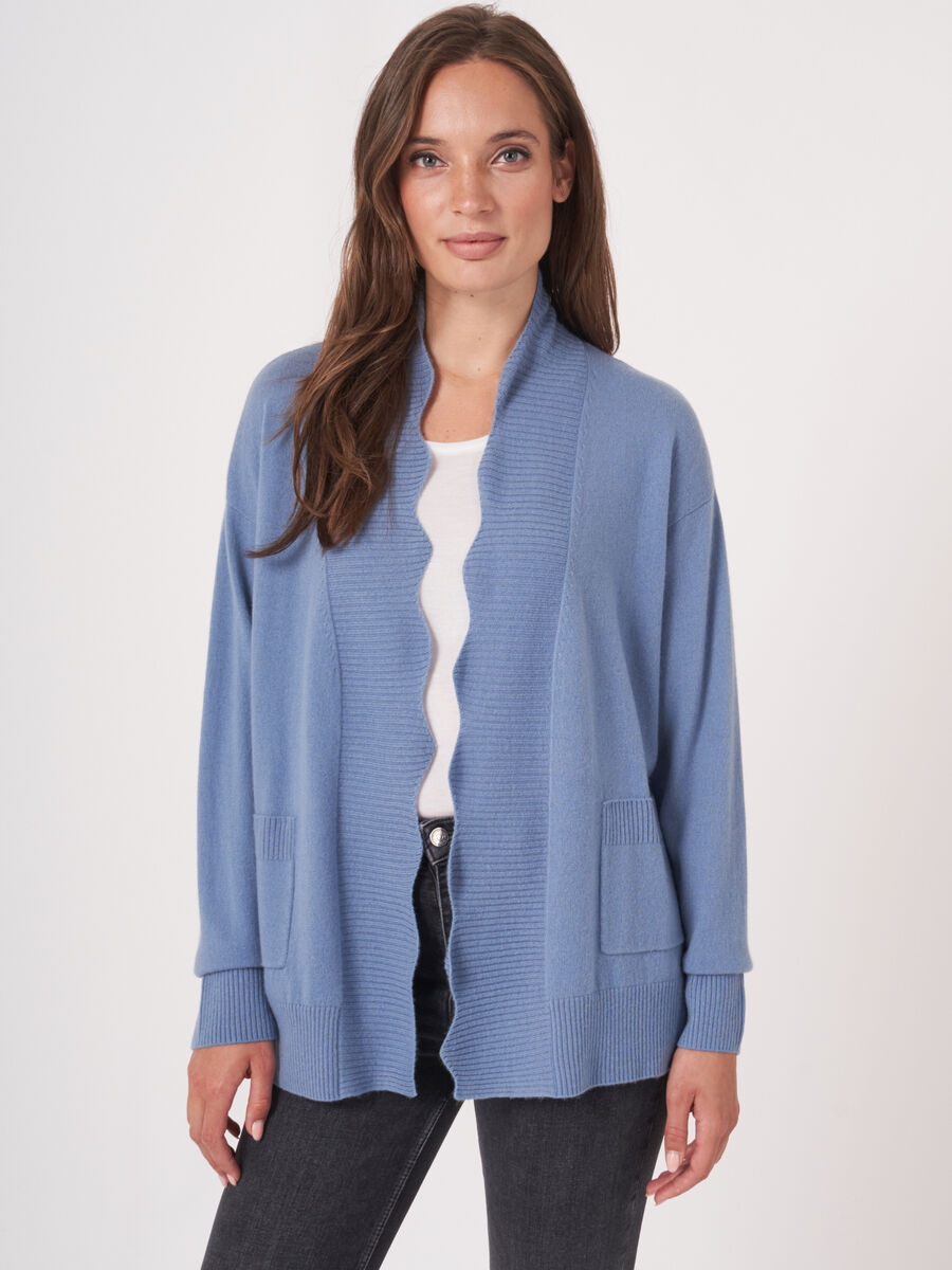 Open cardigan with ribbed scalloped shawl collar