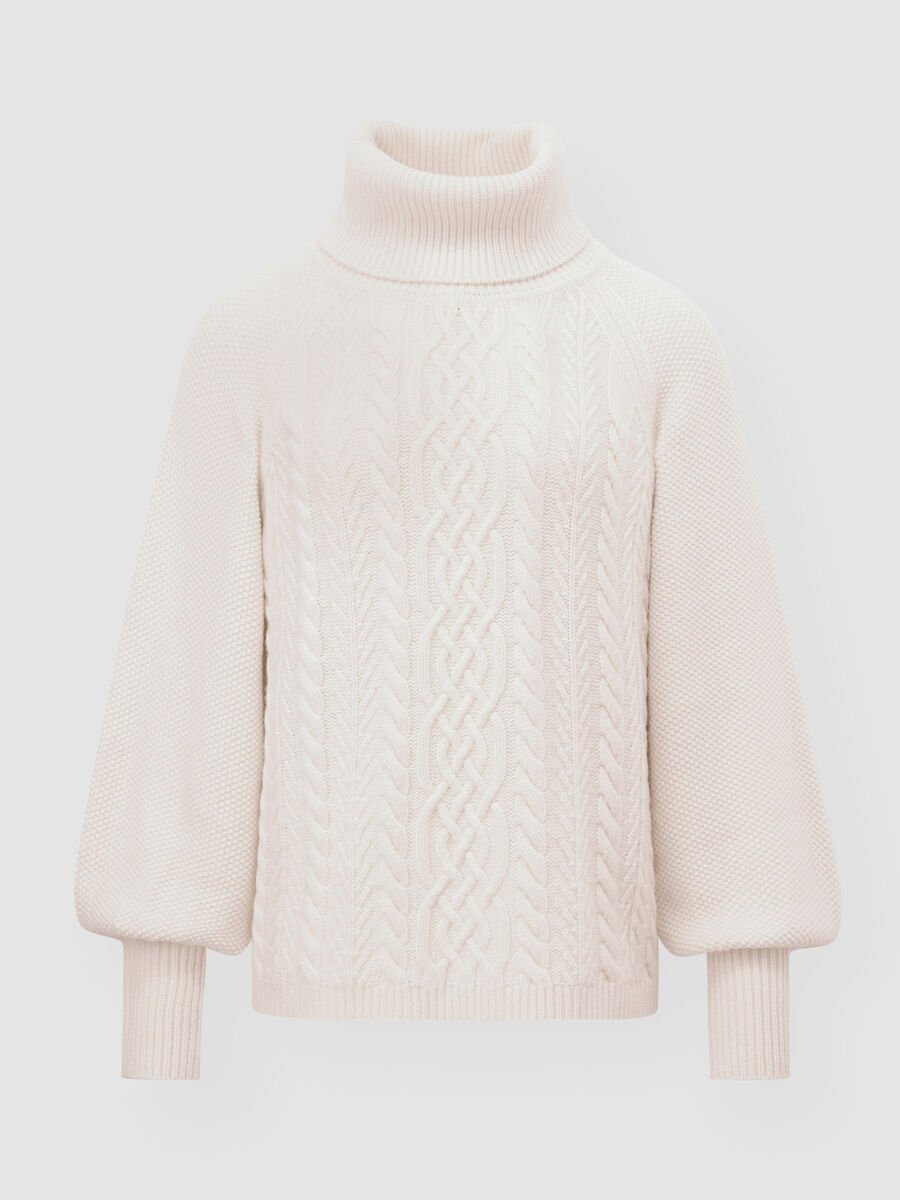 Chunky cable knit turtleneck pullover with puff sleeves image number 0