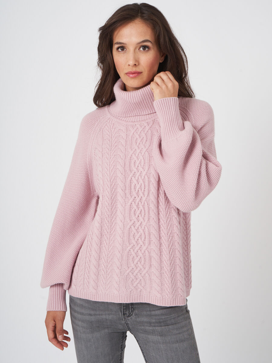 Chunky cable knit turtleneck pullover with puff sleeves image number 0