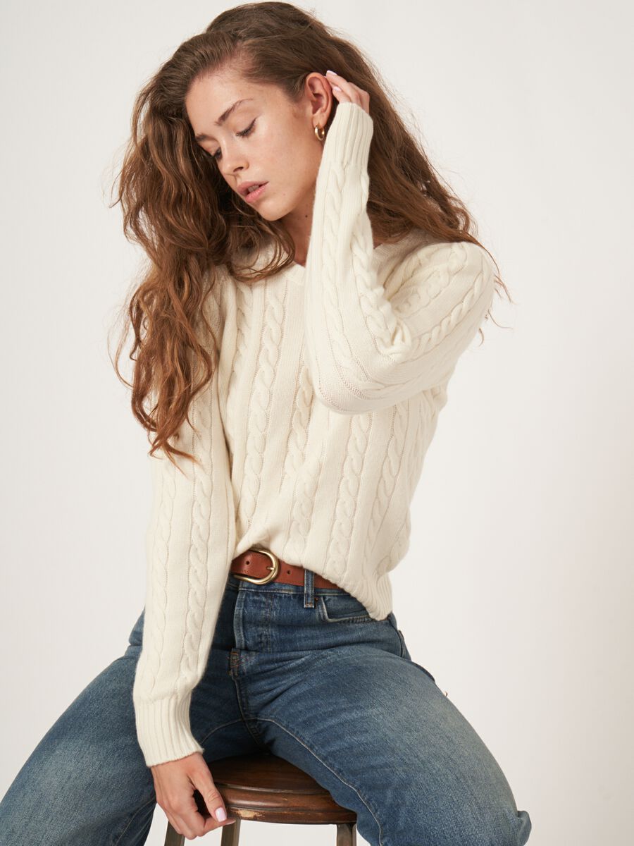 Cropped fit cashmere blend cable knit sweater image number 0