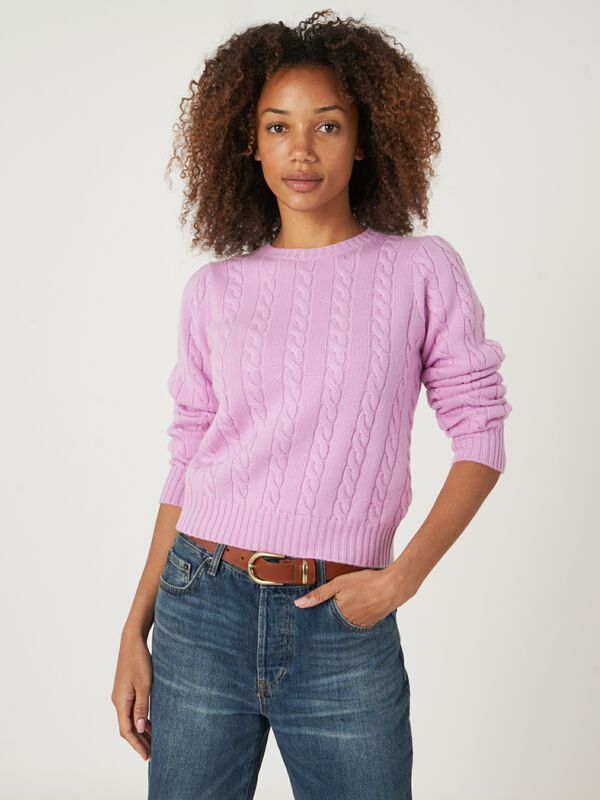 Cropped fit cashmere blend cable knit sweater image number 0