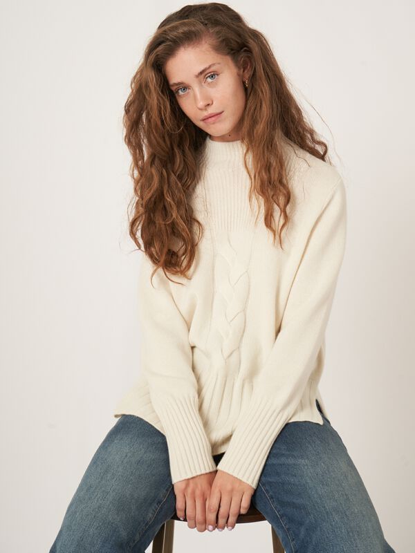 High neck cashmere blend sweater with cable knit detail and side slits image number 0