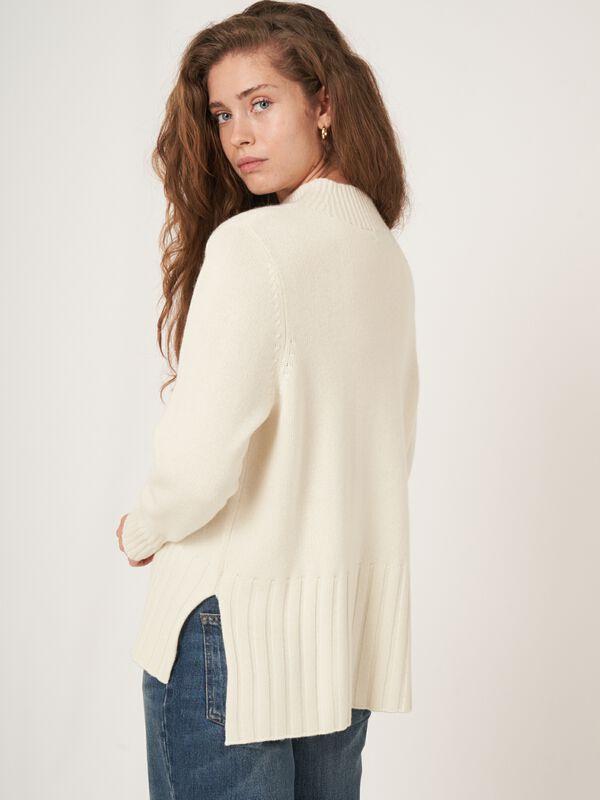 High neck cashmere blend sweater with cable knit detail and side slits image number 1