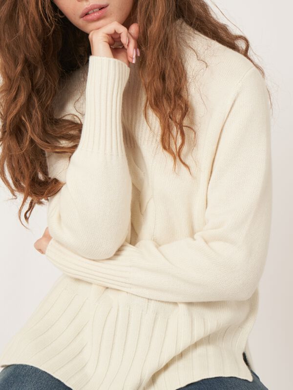 High neck cashmere blend sweater with cable knit detail and side slits image number 2