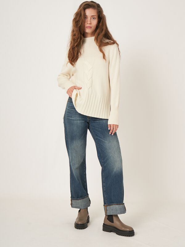 High neck cashmere blend sweater with cable knit detail and side slits image number 5