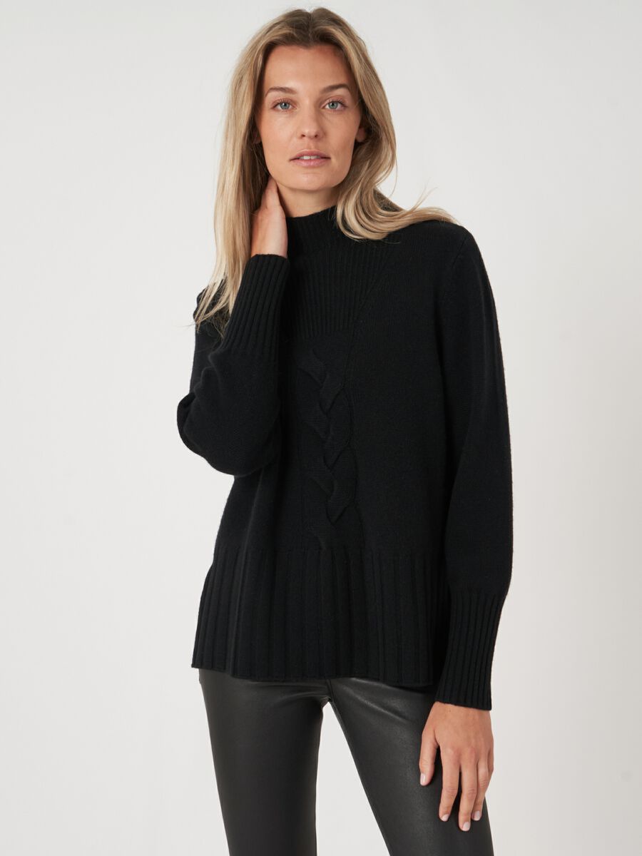 High neck cashmere blend sweater with cable knit detail and side slits image number 0