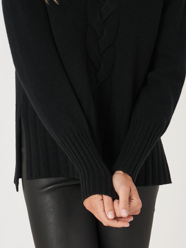 High neck cashmere blend sweater with cable knit detail and side slits image number 8