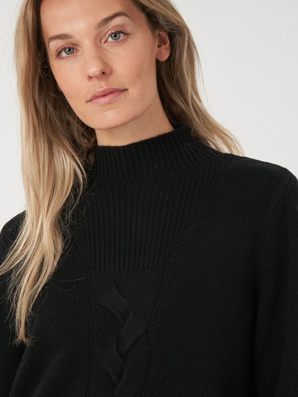 High neck cashmere blend sweater with cable knit detail and side slits image number 10