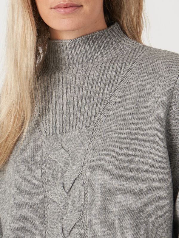 High neck cashmere blend sweater with cable knit detail and side slits image number 16