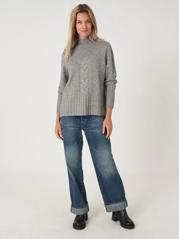 High neck cashmere blend sweater with cable knit detail and side slits image number 17