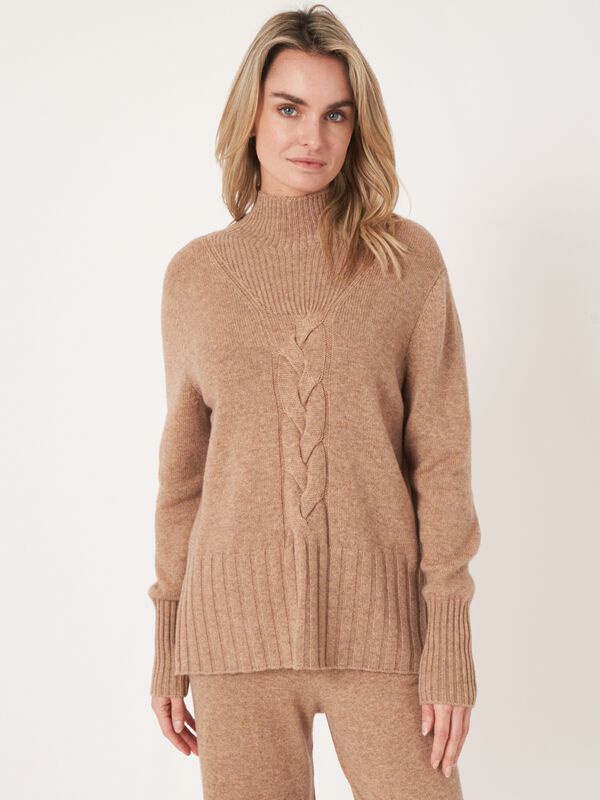 High neck cashmere blend sweater with cable knit detail and side slits image number 20