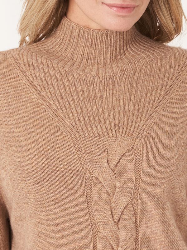 High neck cashmere blend sweater with cable knit detail and side slits image number 22