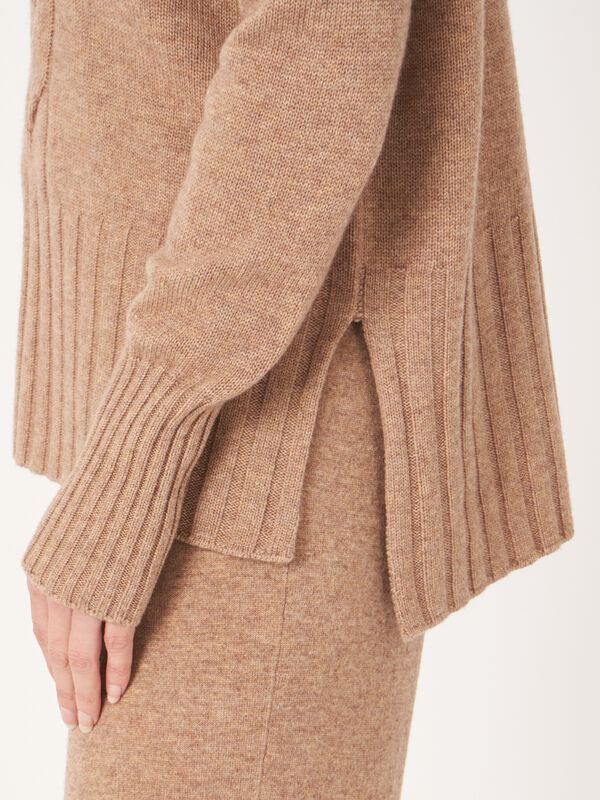 High neck cashmere blend sweater with cable knit detail and side slits image number 23