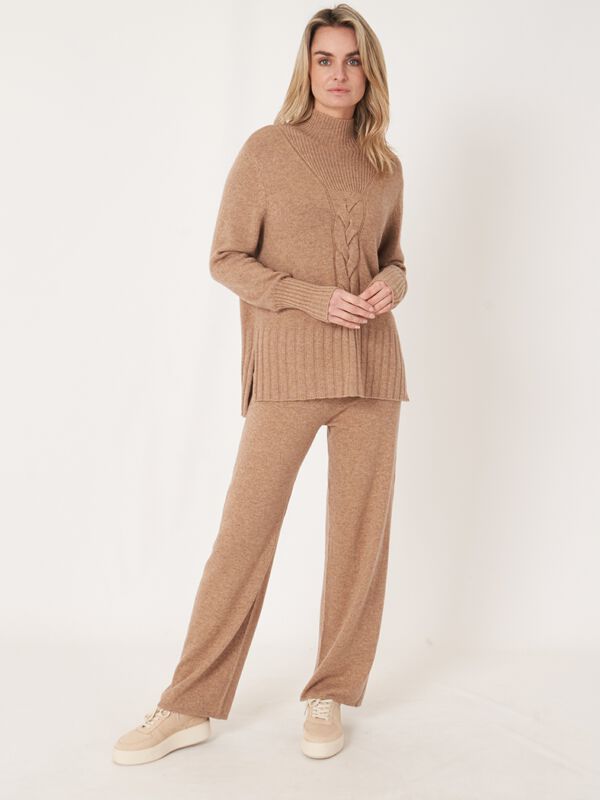 High neck cashmere blend sweater with cable knit detail and side slits image number 25