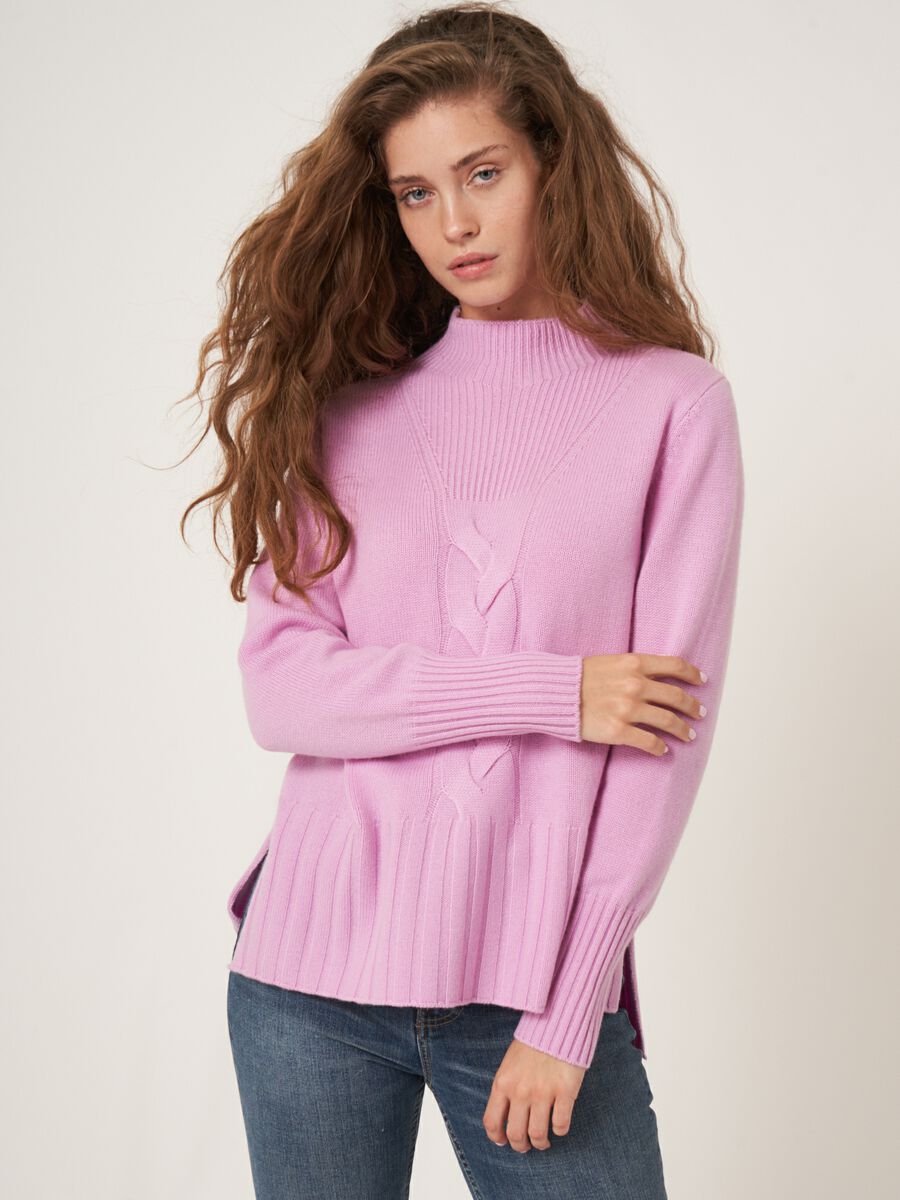 High neck cashmere blend sweater with cable knit detail and side slits image number 0