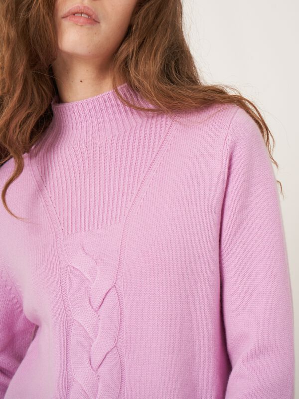 High neck cashmere blend sweater with cable knit detail and side slits image number 29