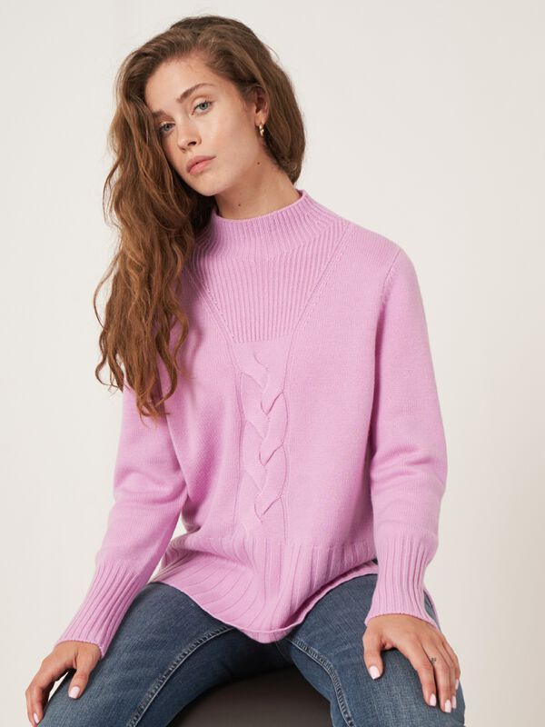 High neck cashmere blend sweater with cable knit detail and side slits image number 30