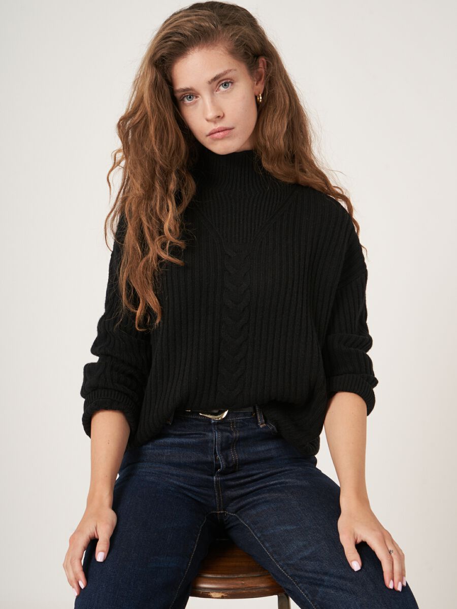 High neck rib knit sweater with cable knit detail image number 0