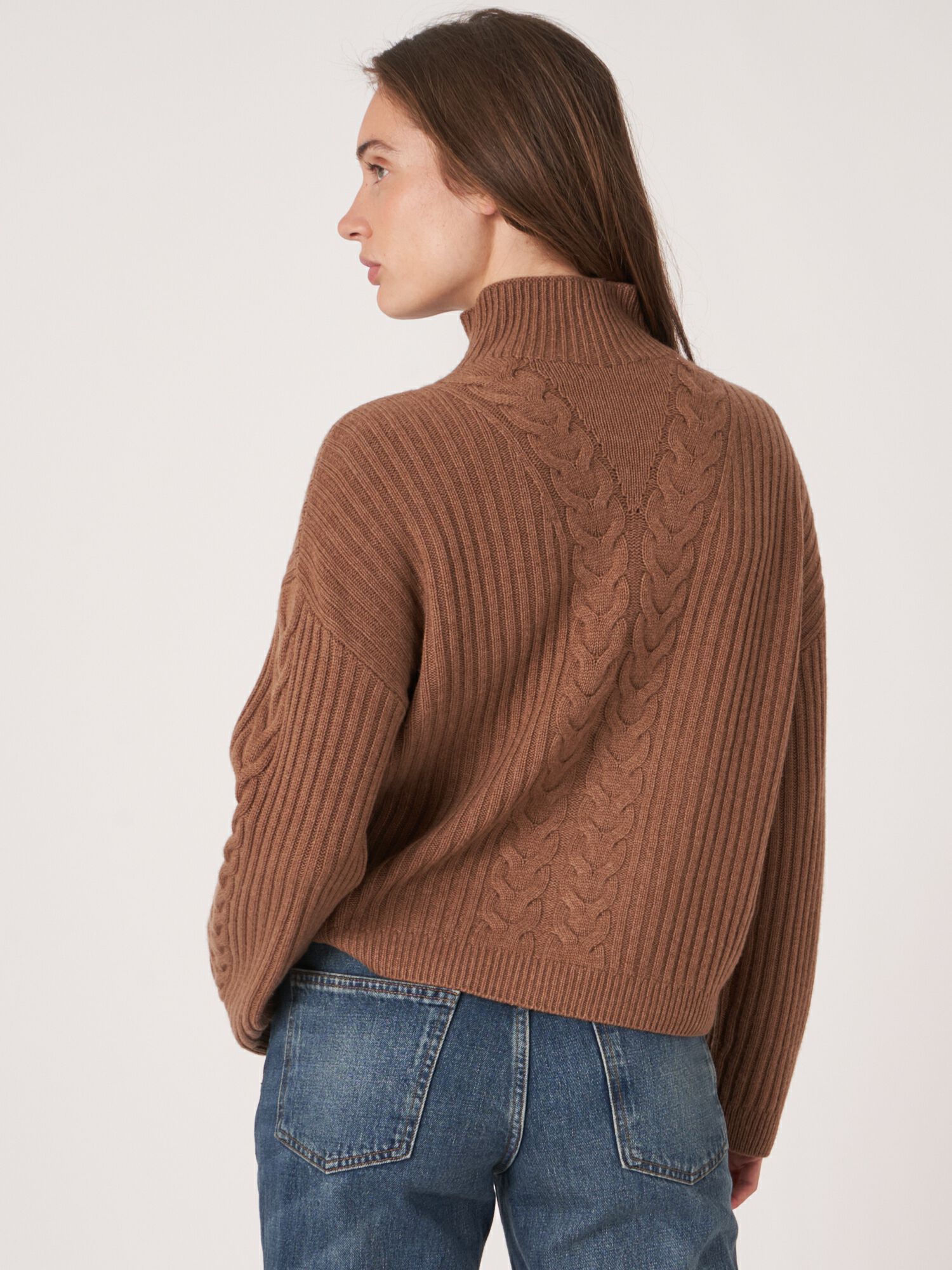 High neck rib knit sweater with cable knit detail