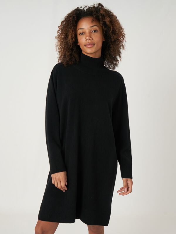 Loose fit cashmere blend knit dress with ribbed stand collar