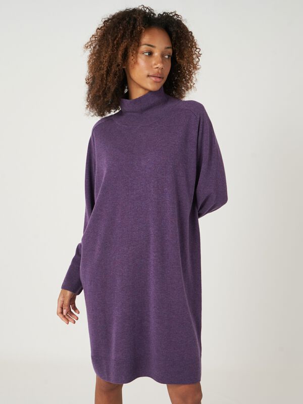 Loose fit cashmere blend knit dress with ribbed stand collar