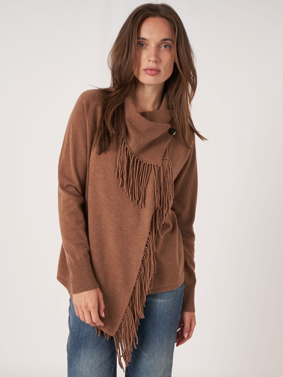 Cashmere blend cardigan with asymmetric front with fringe image number 0