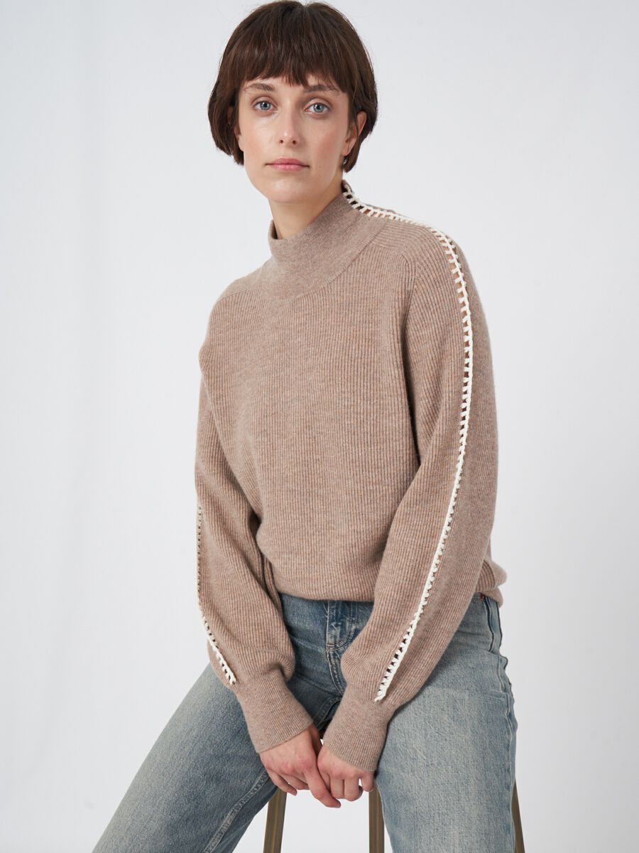 Cashmere blend rib knit sweater with crochet details on sleeves image number 0