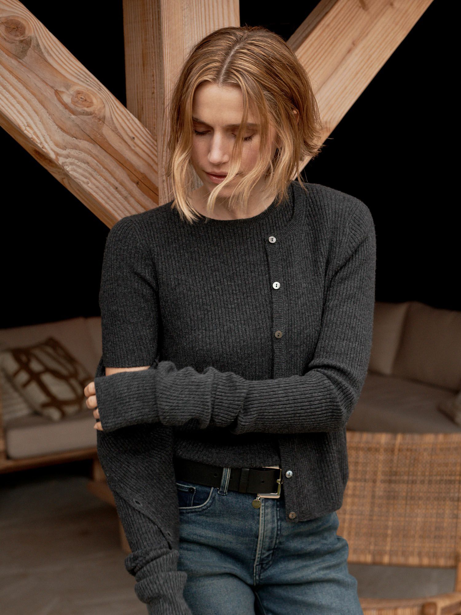 Ribgebreide cardigan van cashmere mix