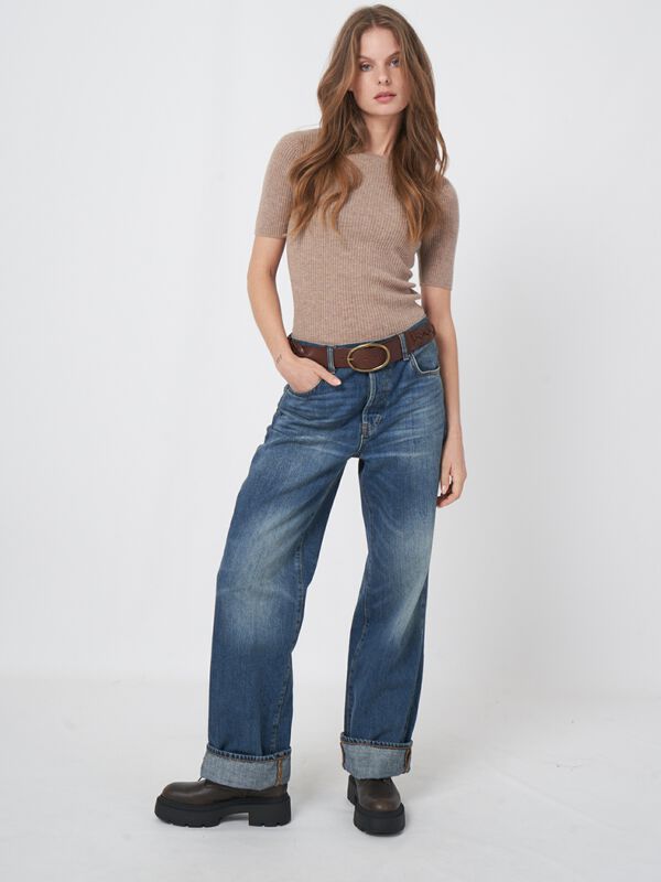 Cashmere blend short sleeve rib knit sweater image number 2