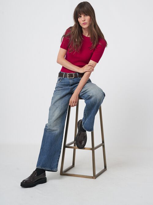 Kurzarm-Rippenstrick-Pullover aus Kaschmir-Mischung