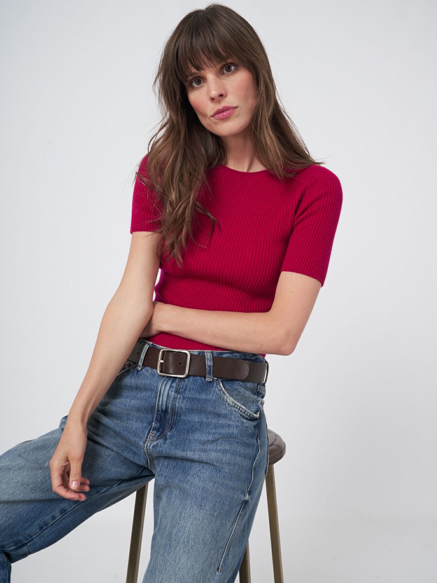 Kurzarm-Rippenstrick-Pullover aus Kaschmir-Mischung image number 2