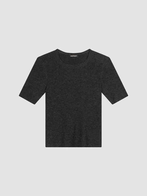 Geribde trui met korte mouwen van cashmere melange