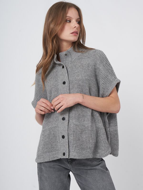 Mixed textured knit cashmere blend poncho with snap buttons image number 1