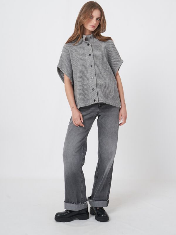 Mixed textured knit cashmere blend poncho with snap buttons image number 6