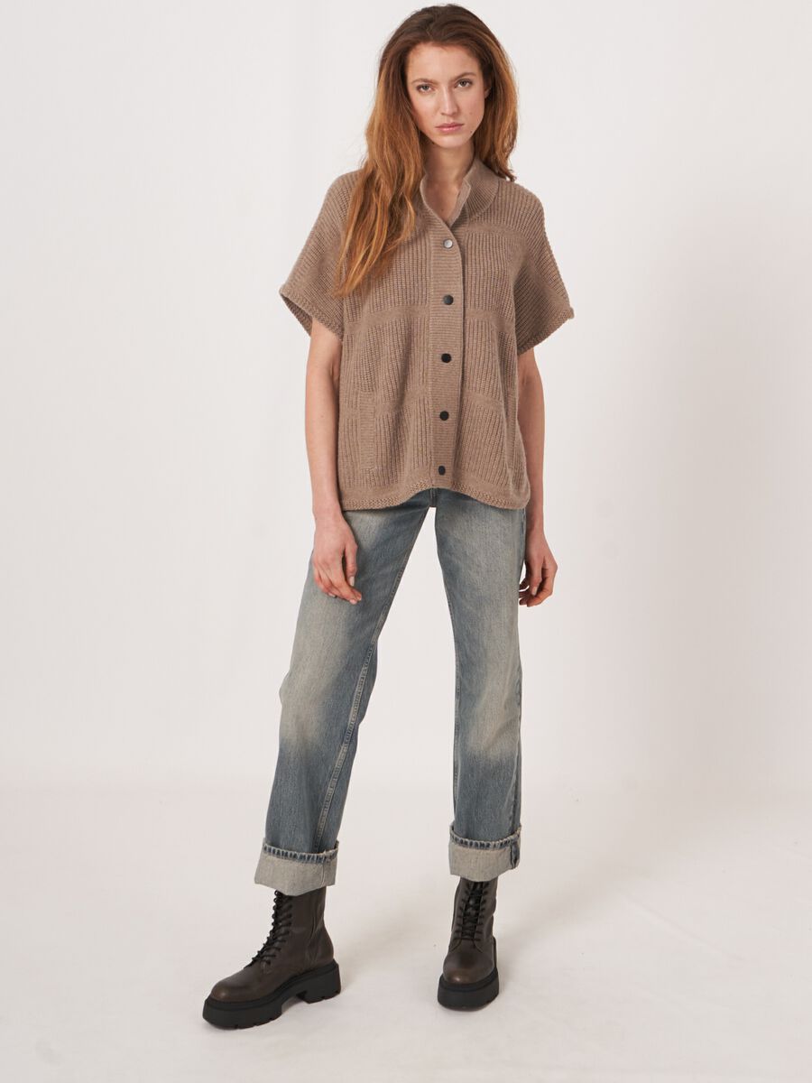 Mixed textured knit cashmere blend poncho with snap buttons image number 5