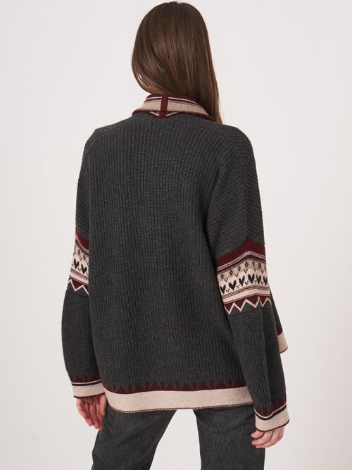 Open intarsia cardigan van cashmere mix