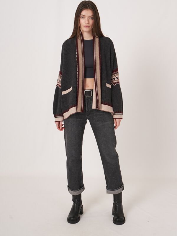 Open intarsia cardigan van cashmere mix image number 4