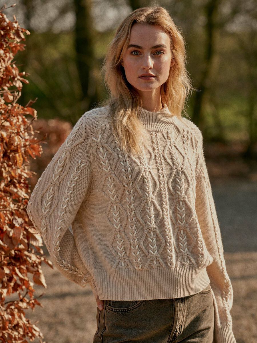 Multicolor cable sweater with hand embroidery image number 0