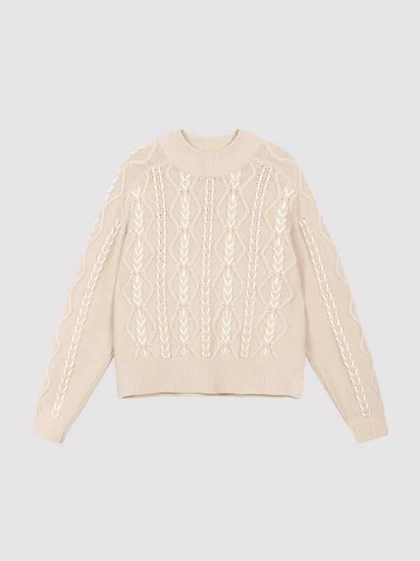 Organische kasjmier trui met kabelpatroon & borduurdetails image number 2