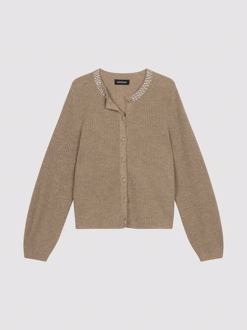 Boxy ribgebreid vest met parelaccent