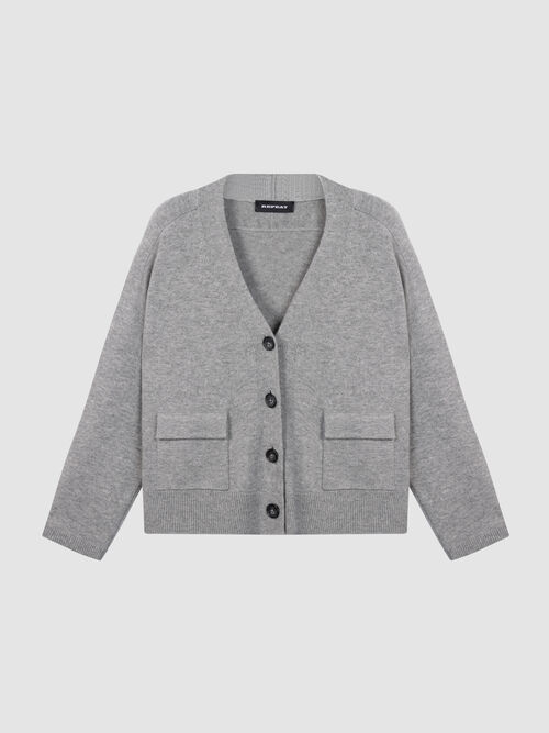 Cardigan en m&eacute;lange cachemire &agrave; poches plaqu&eacute;es
