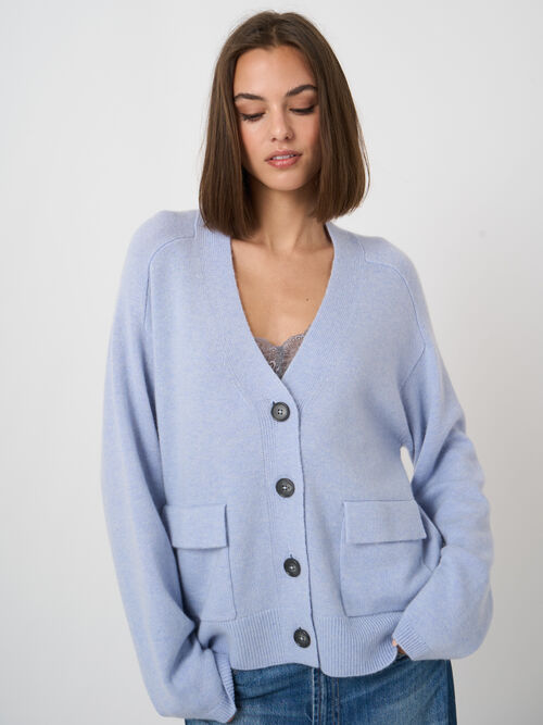 Cardigan en m&eacute;lange cachemire &agrave; poches plaqu&eacute;es
