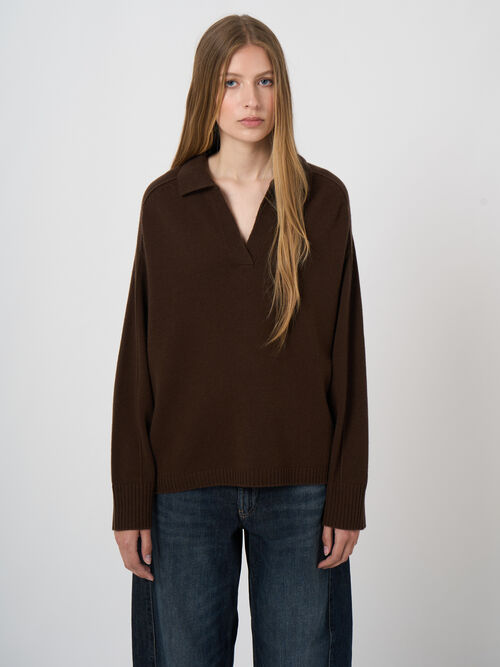 Wool-Cashmere Sweater with Ribbed Polo Neckline